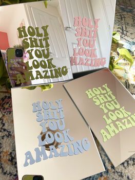 You Look Good Mirror By Printed Weird | notonthehighstreet.com Mirror With Saying, Mirror Stickers Aesthetic, Mirror Sticker Ideas, Acrylic Designs Interior, Mirror Branding, Mirror With Stickers, Aesthetic Mirror Design, Mirror Gift Ideas, Mirror Customization