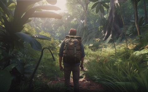 Photo a man with a backpack walks throug... | Premium Photo #Freepik #photo #videogame #game #game-illustration #gaming Jungle Images, Jungle Adventure, Game Illustration, Unreal Engine, Small Backpack, Outdoor Hiking, Outdoor Adventure, Premium Photo, A Man