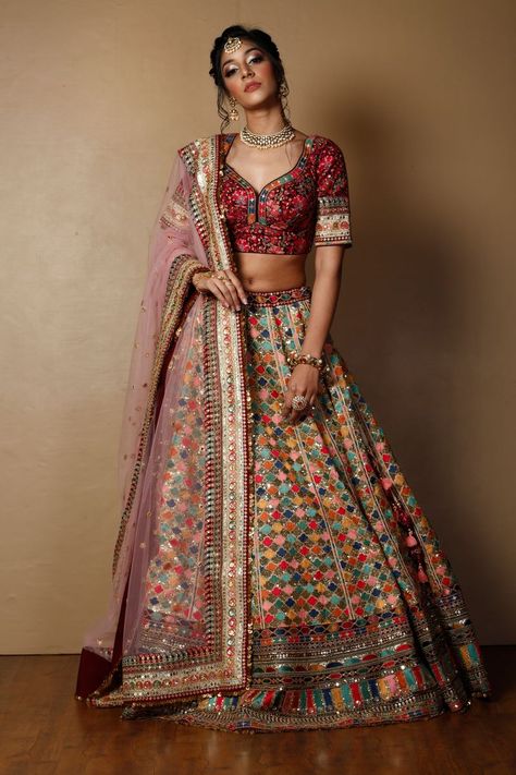 Multicolor raw silk thread work lehenga set by Zari Jaipur Mehendi Outfits For Bride, Thread Work Lehenga, Designer Lehnga Choli, Designer Dresses Elegant, Bridal Lehenga Online, Latest Bridal Lehenga, Wedding Lehenga Designs, Bridal Lehenga Collection, Work Lehenga