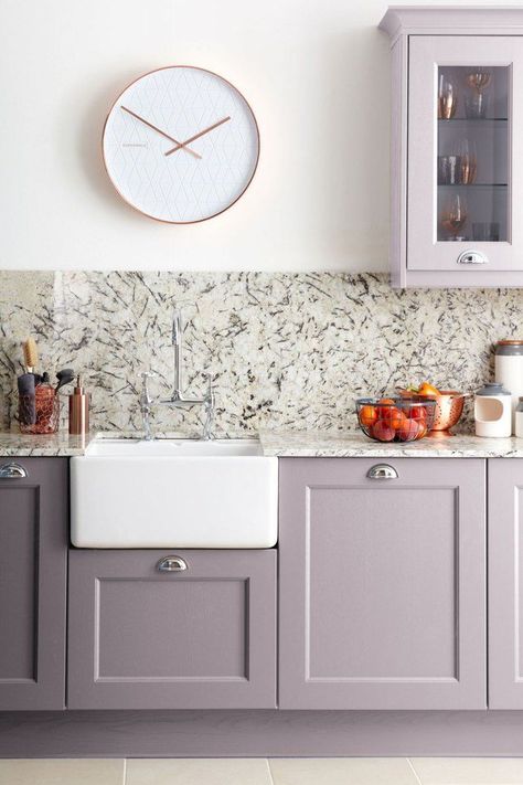 Here are seven purple kitchen ideas that will have you rethinking your neutral color scheme. #hunkerhome #purple #kitchen #purplekitchen #kitchenideas #kitchenideas Violet Kitchen Cabinets, Purple Grey Kitchen, Purple Kitchen Ideas, Purple Kitchens, Purple Kitchen Designs, Lilac Kitchen, Violet Kitchen, Purple Kitchen Decor, Purple Cabinets