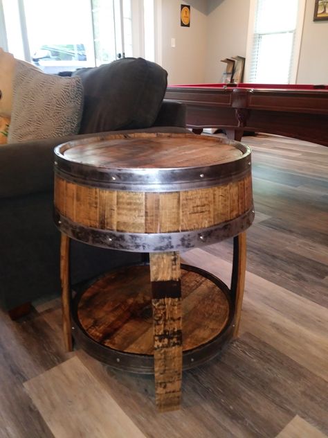 Whiskey barrel end table by A.J. Pitman Construction Whiskey Barrel Side Table, End Table Ideas, Barrel End Table, Barrel Side Table, Whiskey Barrel Table, Whiskey Barrel Furniture, Deer Antler Decor, Antler Decor, Whiskey Room