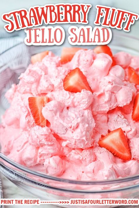 Fruit Marshmallow Salad, Marshmallow Salad Recipe, Strawberry Fluff Salad Cool Whip, Mini Marshmallow Recipes, Marshmellow Salad, Marshmallow Recipe Ideas, Strawberry Shortcake Fluff, Strawberry Jello Fluff Salad, Strawberry Fluff Dessert