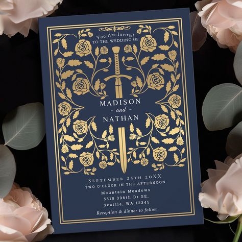 Set the tone for your medieval fantasy wedding with a bold invitation design—a grand gold sword surrounded by florals. Perfect for couples dreaming of an epic, romantic celebration. Make your love story legendary from the very first glance! 🌹⚔️ #MedievalWedding #FantasyWedding #uniqueinvitations Swipe to see the available colors. 💖 Order Yours Today! 💖 For more invitations and gifts our Zazzle shop #linkinbio #SaveTheDate #WeddingStationery #GoldFoil #ElegantWeddings #PhotoCards #CustomW... Fantasy Themed Wedding Invitations, Game Of Thrones Invitation, Medieval Fantasy Wedding, Fairytale Wedding Invitations, Medieval Wedding, Wedding Anniversary Invitations, Reception Dinner, Themed Wedding Invitations, Anniversary Invitations