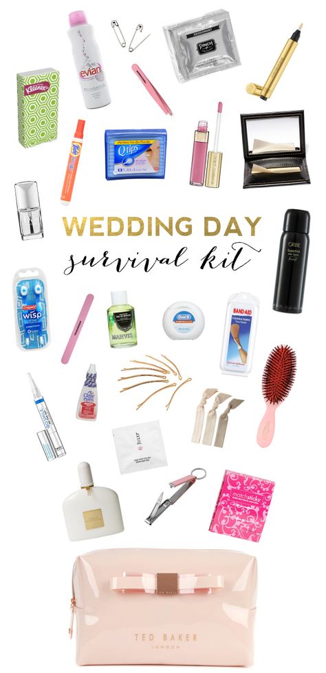 Items Every Bride Needs in Her Wedding Day Survival Kit - Bridal Musings Wedding Day Survival Kit, Dress Essentials, Groom Survival Kits, Bridesmaid Survival Kit, Bride Survival Kit, Wedding Survival Kits, Wedding Day Essentials, Wedding Emergency Kit, Wedding Kit