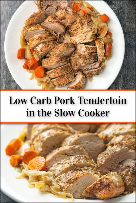 white plate with sliced slow cooked pork tenderloin with text Healthy Low Carb Dinner, Crockpot Pork Tenderloin, Slow Cooker Recipes Pork, Slow Cooker Pork Tenderloin, Low Carb Pork, Pork Recipes For Dinner, Pork Tenderloin Recipe, Healthy Low Carb Dinners, Roasted Pork Tenderloins