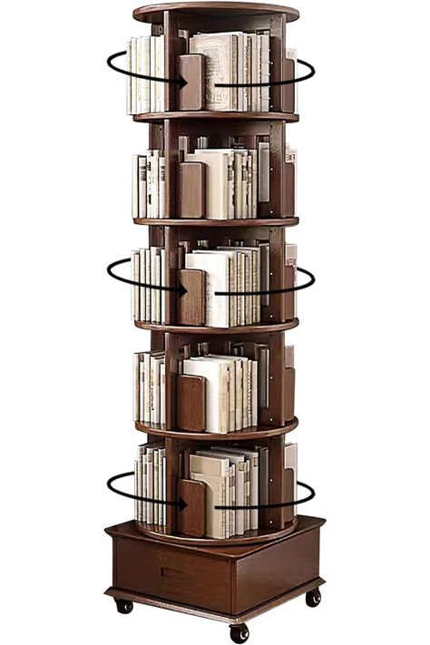 This huge 5-tier vertical wooden bookcase tower on wheels can be spun 360-degrees for easy access to a large collection of books, textbooks, or magazines. 📚 Bookshelf On Wheels, Rotating Bookshelf, Modern Bookshelf, Screen Layout, Wooden Bookcase, 360 Degree, Easy Access, Bookshelves, Bookcase