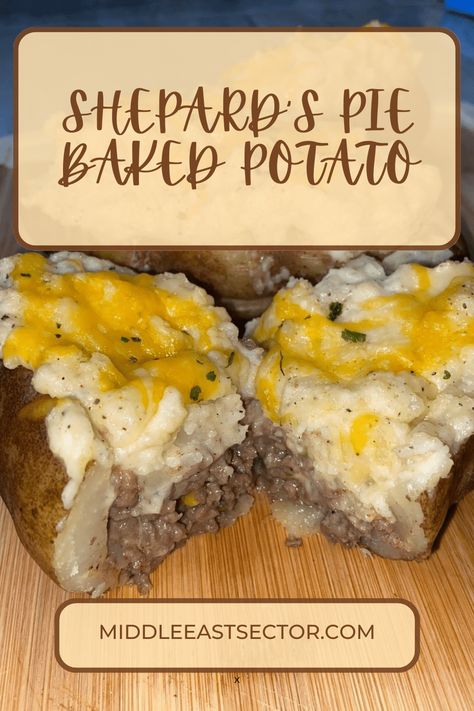 These Shepherd’s Pie Stuffed Baked Potatoes take a traditional comfort food dish and give it a creative new spin by turning it on its side and stuffing baked potatoes with the casserole’s traditional filling. When you stuff loaded baked potatoes with ground beef and vegetables and top them with melted cheese, you transform a plain Shepherd Pie Baked Potato, Shepards Pie Stuffed Potatoes, Twice Baked Shepards Pie Potatoes, Sheppards Pie Baked Potato, Twice Baked Potatoes With Ground Beef, Shepards Pie Baked Potato Recipe, Baked Potato Shepherd's Pie, Shepherds Pie Baked Potato Recipe, Shepherds Pie Baked Potato