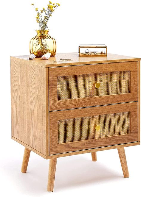 Scandi Style Bedroom, Rattan Bedside Table, Tall Bedside Table, Rattan Bedroom, Side Table For Living Room, Dressing Table With Drawers, Table For Bedroom, Style Nightstand, Wooden Storage Cabinet