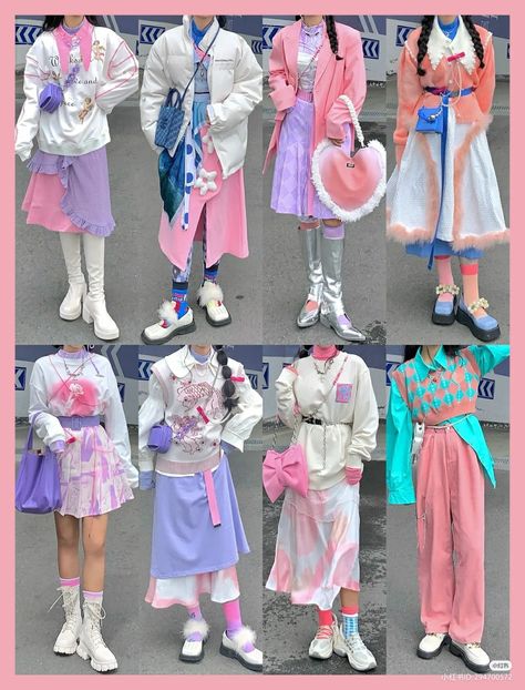 Harajuku Fashion Kawaii Street Styles, Harajuku Fashion Drawing, Pastel Street Style, Harajuku Outfits Aesthetic, Pastel Harajuku Fashion, Flower Style Root Outfits, Candy Aesthetic Outfit, Milk Outfit, Harajuku Art