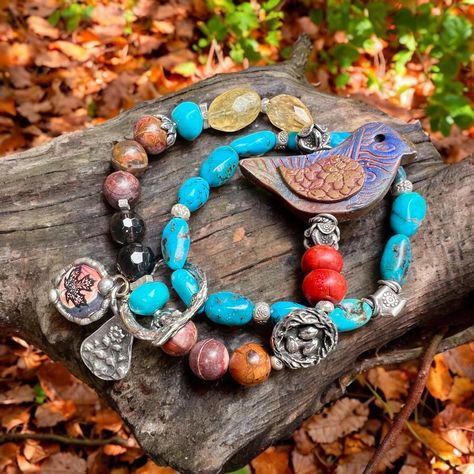 Autumn Woods Packed Full of Earthy Autumn Shades and Textures, This Tranquil Duo is Comprised of Beautiful, Chunky Gems Including Faceted Citrine Nugs, Faceted Smoky Quartz, Red Creek Jasper, and Kingman Turquoise Nuggets. I Added Several Feminine and Woodland Bird Elements which Include a BEAUTIFUL, Custom Handpainted Bird Focal, and a GGS Bird Nest. The Second Strand Offers a Flash of Brightness with Polished Kingman Turquoise Nuggets, Interspersed with Karen Hill Tribe Silver Beads. Both Brac Woodland Bracelet, Woodland Cottagecore, Boho Autumn, Autumn Woods, Red Creek Jasper, Beachy Jewelry, Hill Tribe Silver, Boho Fall, Kingman Turquoise