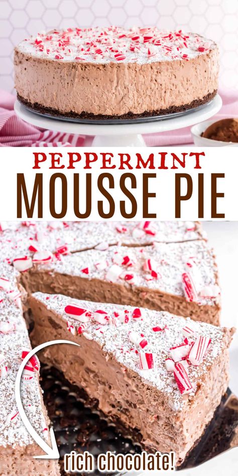 Rich and decadent Chocolate Peppermint Mousse Pie is the holiday dessert of your dreams! A creamy nutella mousse filling is served over a chocolate hazelnut crust with a crushed candy cane topping. Every bite is better than the last! Chocolate Peppermint Mousse, Peppermint Mousse, Hazelnut Crust, Crushed Candy Cane, Nutella Mousse, Peppermint Dessert, Mousse Filling, Mousse Pie, Christmas Pie