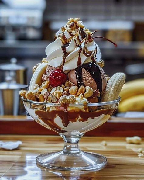 Banana Splits Sundae, Anne Burrell, Yummy Food Recipes, Banana Split Ice Cream, Big Snacks, Ice Cream Photography, Movie Night Food, Yummy Ice Cream, Night Food