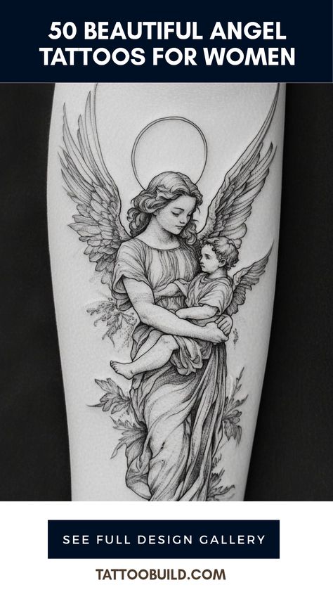 Are you looking for inspiration for your next tattoo? Angel tattoos for women hold deep significance and stunning beauty. These designs can symbolize protection, spirituality, and a strong sense of peace. From intricate wing designs to cute cherubs, the options are endless! We explore 50 angel tattoo designs that will captivate your imagination. Whether you're excited about smaller pieces that are subtle or large, statement tattoos, we’ve got something for everyone. Discover how these meaningful tattoos can add a layer of elegance and personal significance to your art. 3 Angels Tattoo Designs, Beautiful Angel Tattoos For Women, Guardian Angel Tattoo For Women, Angel Tattoos For Women, Angel Tattoos For Men, Guardian Angel Tattoos, Angel Tattoo Arm, Dark Angel Tattoo, Beautiful Angel Tattoos