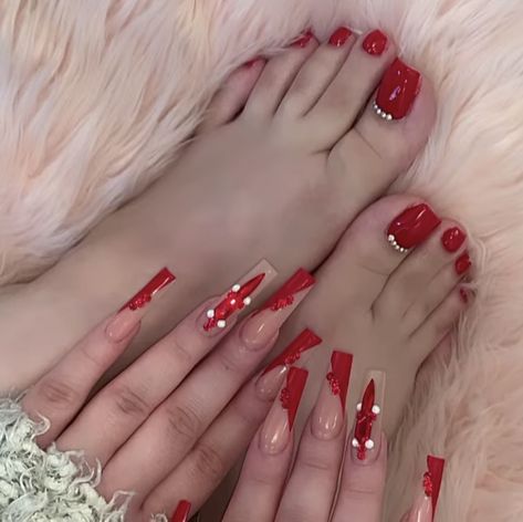 All Red Coffin Acrylic Nails, Red Toe Nails Black Women, Matching Nails And Toes Valentines, Red Nails And Toes Matching, Red Acrylic Toe Nails, Red Acrylic Toes, Xl Red Acrylic Nails, Red Long Acrylic, Acrylic Nails And Toes Matching Ideas