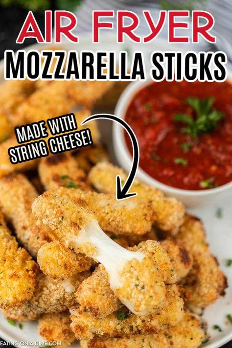 Cheesestick Recipe Air Fryer, What To Make With Cheese Sticks, Healthy Air Fryer Mozzarella Sticks, Air Fry Cheese Sticks, How To Make Cheese Sticks In Air Fryer, Mozzarella Recipes Air Fryer, Air Fryer Cheese Recipes, Mozarella Sticks Recipes Airfryer, Cheese Sticks Recipe Air Fryer