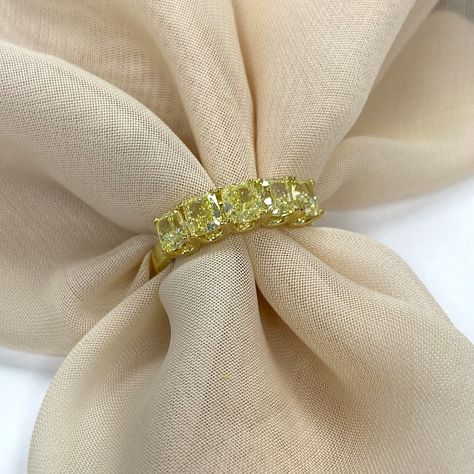 2.35Ct 5 Stone Diamond Wedding Band, Natural Fancy Yellow Diamond Ring, U-Shaped Setting Diamond Band 18k Gold Fancy Yellow Diamond Ring, Yellow Cushions, Wedding Band Designs, Yellow Diamond Rings, Fancy Yellow Diamond, Cushion Cut Diamonds, Signature Jewelry, Yellow Diamond, Diamond Bands