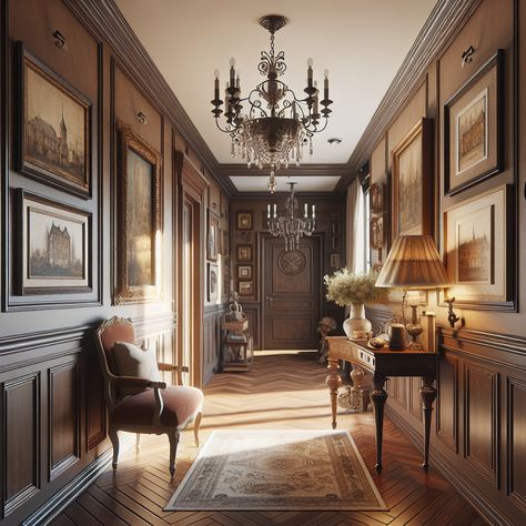 The hallway should incline towards a warm color palette with rustic and antique elements mingled with modern aesthetics. The floor might be a polished hardwood, walls adorned with old framed artwork, and an ornate chandelier hanging from the ceiling. The furniture might include a small antique console table placed against the wall, carrying a vintage lamp or a vase of fresh flowers. This image will serve as an inspirational reference for a home remodeling project. Academia Hallway, Hallway Upstairs, Grand Hallway, Wooden Paneling, Rich Interior, Entrance Room, Hallway Interior, Modern Traditional Home, Timeless Home Decor