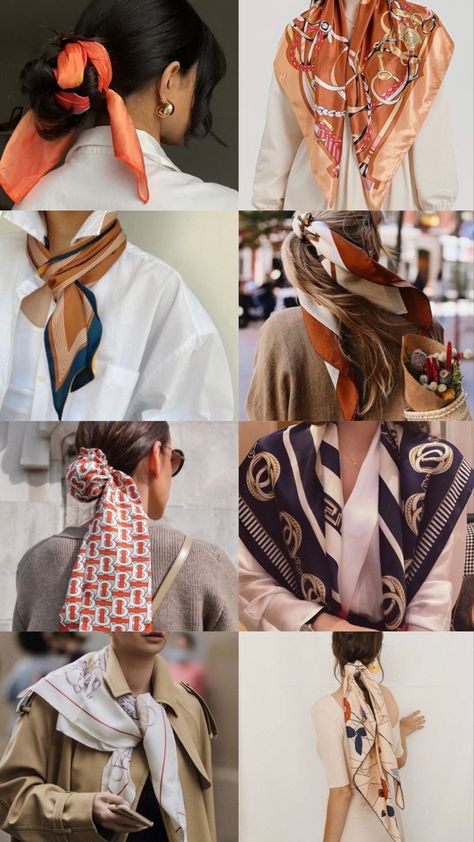 Hermes Scarf Aesthetic, Old Money Outfits With Scarf, Women Ascot Scarf Outfit, Style Hermes Scarf, Ascot Scarf Outfits Women, Hermes Scarf Styling, Designer Scarf Outfit, Silk Scarf Aesthetic, Gucci Scarf Outfit