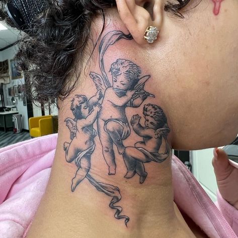 Mindy Su💥💣 on Instagram: “😇 Baby angels on @hypnoticlaadyy Took a couple hours on the neck like it was nothing 💪🏼 Thanks for coming! #atlantatattooartist #atl…” Angel Neck Tattoos Women, Cherub Tattoo, Doll Tattoo, Neck Tattoos Women, Neck Tattoos, Tattoos For Black Skin, Leg Tattoos Women, Dope Tattoos For Women, Tattoo Design Book