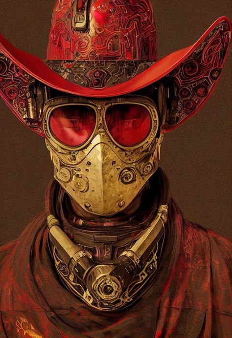 ornate mask, desert, robot, synth Cyberpunk Cowboy, Cowboy Character Design, Warhammer Fantasy Roleplay, Steampunk Mask, Futuristic Robot, Cowboy Costume, Art Outfits, Avengers Wallpaper, Cowboy Outfits