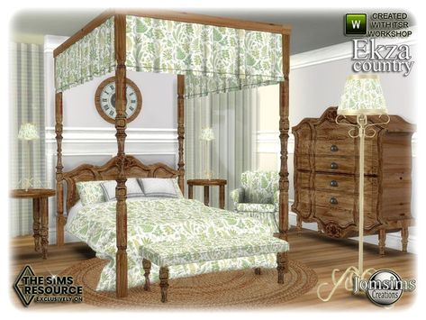 Western Bed, 70s Room, Sims 4 Cottage, Fake Walls, Bedroom End Tables, Cottage Bed, Bedroom Wall Clock, Sims 4 Bedroom, Royal Furniture