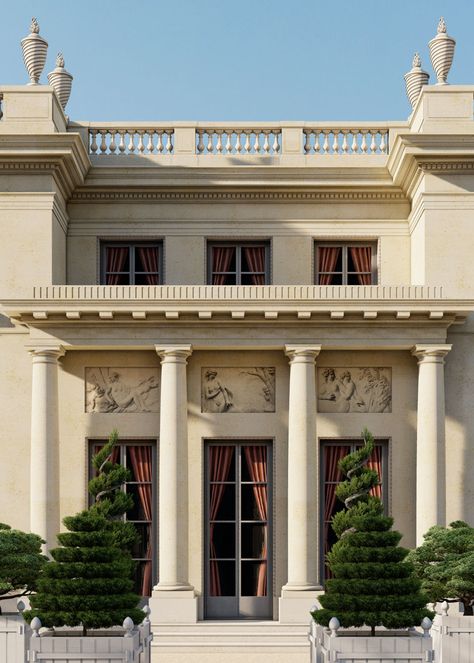 COLLECTOR’S DOMAIN – HÉRÈS Modern Roman House Design, Roman House Design, Neoclassism Architecture, Palace Facade, Neoclassical Architecture House, Classical Architecture Exterior, Neoclassical Building Facade, Neo Classical Architecture Facade, French Chateau Style Homes