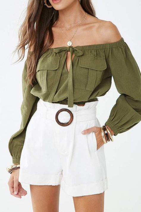 Forever 21 Off-the-Shoulder Cargo Top Labor Day Outfits, Cargo Top, White Outfits For Women, Resort Wear For Women, Day Outfits, Striped Bodysuit, Top Shirt Women, Wedding Guest Outfit Summer, Stylish Mens Outfits