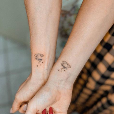 Coffee Bff Tattoos, Matching Coffee Cup Tattoos, Micro Tattoo Friends, Small Coffee Cup Tattoo Simple, Coffee Friend Tattoo, Coffee Friendship Tattoo, Mini Coffee Cup Tattoo, Best Friend Tattoos Teacup, Matching Tea Cup Tattoo