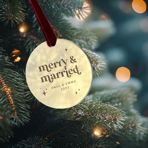 Looking for the perfect way to show your loved ones just how much you love them this Christmas? Look no further than Merry and Married! This Mr and Mrs bauble is perfect for adding a touch of festivity to any room in your home, the Merry and Married ornament is also the perfect gift for that special someone on your list - whether they're newly married or celebrating their first Christmas together! Choose from our 3 mirror acrylic colours of Gold, Silver and Rose Gold and choose your luxury velve Just Married Gifts, First Christmas Married Ornament Diy, First Married Christmas Ornament, Merry And Married, Married Christmas Ornament, Hamper Gift Basket, 3 Mirror, First Christmas Married Ornament, Married Gift