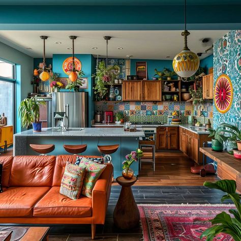 Boho Kitchen And Dining Room, Open Concept Kitchen Living Room Maximalist, Small Open Kitchen Living Room Ideas, Eclectic Open Kitchen And Living Room, Eclectic Kitchen Dining Room Combo, Colorful Open Floor Plan, Open Plan Dining Living Room, Colorful Open Concept, Rainforest Kitchen