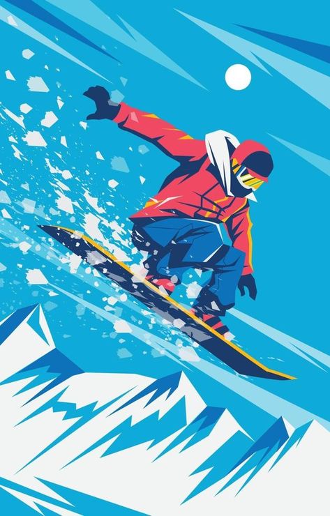 Winter Sport with Snowboarding Concept Snowboard Art Illustration, Snowboard Art Design, Snowboard Graphic Design, Snowboarder Painting, Snowboarding Sketch, Snowboarder Illustration, Snowboarding Illustration, Snowboard Wallpaper, Snowboard Illustration