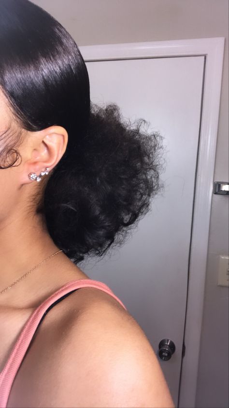 Slick Back Low Ponytail Natural Hair, Slick Back Low Bun Curly Hair, High Slick Bun, Slick Back Ponytail Black Women, Slick Back Bun Black Women, Slick Back Puff, Slick Back Ponytail Natural Hair, Middle Part Slick Back, Curly Hair Ponytail Styles