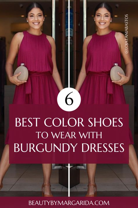 Not sure what color shoes to wear with a burgundy dress? Check out our guide to find the perfect shoes to complement your burgundy dress or maroon dress, whether for a wedding or a laid-back party! Burgundy Bridesmaid Dresses Shoes, Shoes For Burgundy Dress Bridesmaid, Burgundy Dress Accessories Wedding Guest, Heels For Burgundy Dress, Wine Colored Dress Formal, Burgundy Dress Accessories Shoes, Burgundy Velvet Dress Accessories, Wine Colored Dress Outfit, Burgundy Dress With Gold Accessories