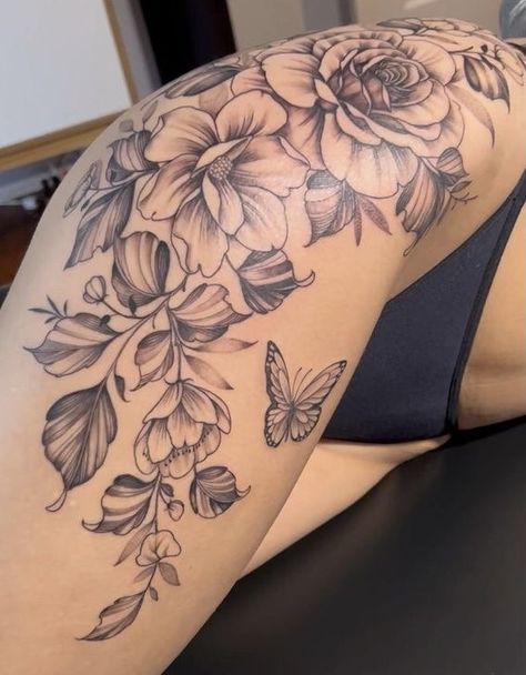 Front Thigh Tattoos, Tattoos Leg, Side Thigh Tattoos, Cute Thigh Tattoos, Tattoo Hip, Floral Thigh Tattoos, Hip Thigh Tattoos, Hip Tattoos, Hip Tattoos Women