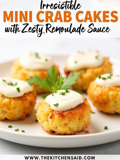 The Kitchens Aid Recipe - Mini Crab Cakes with Creamy Remoulade Sauce Mini Crabcake Bites, Remoulade Sauce Recipe Crab Cakes, Crab Bites Appetizers, Sauce For Crab Cakes Easy, Fresh Crab Meat Recipes, Mini Crab Cake Appetizer, Fresh Crab Recipes, Crab Meat Recipes Easy, Remoulade Sauce Easy