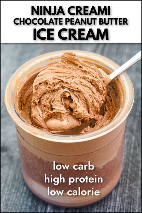 Who doesn't love a chocolate peanut butter flavor combination? Check out this Ninja Creami chocolate peanut butter ice cream recipe that is not only sugar free but it's high protein and low calorie. Creamy chocolate ice cream mixed with peanut butter for a decadent but healthy sweet treat! Cremini Ice Cream Recipes, Chocolate Ninja Creami Ice Cream Recipes, Creamy Ninja Ice Cream Recipe, Deluxe Creami Recipes, Ice Cream Shake Recipes, High Protein Low Calorie Treats, Ninja Creami Reeses Ice Cream, Ninja Creami Ice Cream Recipes Yogurt, Ninja Cream Recipe Protein