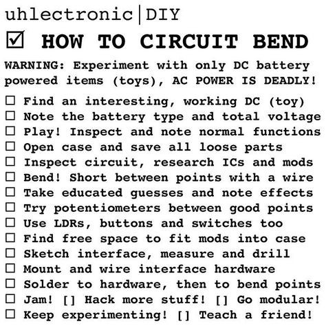 Learn to circuit bend step by step or refine your process with this diy checklist!! #synth #breadboard #oscillator #diyelectronics #guitarpedals #experimentalmusic #lofi #infographic #circuitbending #hack #noise #modularsynth #synthdiy #SDIY #diyrecording #musicproduction #arduino #ataripunkconsole #electronicmusic #tech #diy #noisemusic #guitaramp #opamp #ambient #dronemusic #dronesynth #glitch #hacking #circuitbent Circuit Bending Instruments, Diy Record, Circuit Bending, Tech Diy, Experimental Music, Guitar Pedals, Diy Electronics, Guitar Amp, Electronic Music