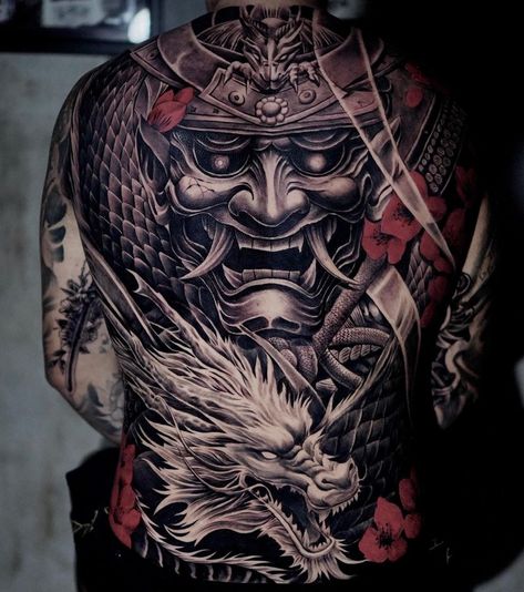 Oni Tattoo Back, Samurai Full Back Tattoo, Oni Back Tattoo, Samurai Face Tattoo, Samurai Dragon Tattoo, Japanese Oni Tattoo, Japanese Chest Tattoo, Full Back Tattoos For Men, Samurai Back Tattoo