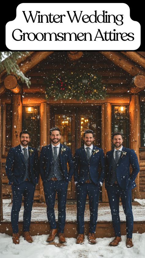 Groomsmen in stylish winter wedding attire, including navy blue suits and rustic casual options for a winter wonderland wedding Winter Wedding Groomsmen Attire, Winter Wedding Mens Attire, Rustic Groomsmen Attire Jeans, Fall Wedding Party Attire, Winter Wedding Groomsmen, Brown Wedding Party, Cowboy Groomsmen, Groomsmen Attire Ideas, Rustic Groomsmen Attire