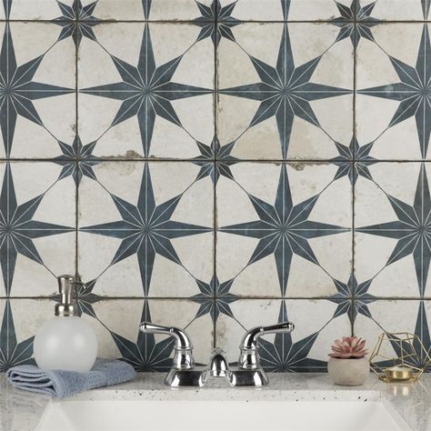 Affinity Tile, Tile Floor Living Room, Patterned Wall, Vintage Industrial Design, Matte Ceramic, Merola Tile, Ceramic Floor Tiles, Star Blue, Square Tile