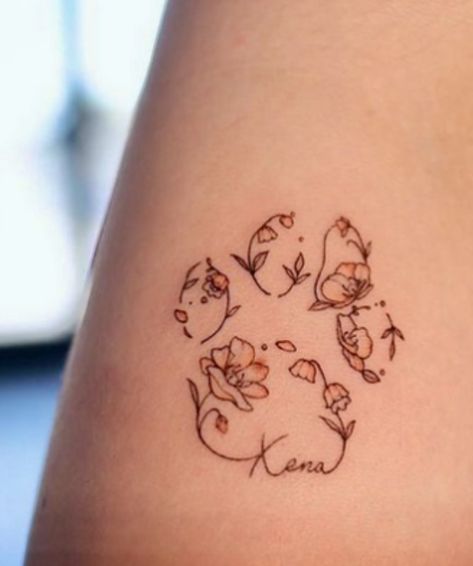 Floral Dog Paw Print Tattoo, Yorkiepoo Tattoo, Paw Print Sunflower Tattoo, Lost Pet Tattoo Dog, Dog Paw Tattoo With Flowers, Tattoo For Dead Dog, Tattoo For Lost Dog, Dog Passing Tattoo, Pet Tattoos Cat Memorial