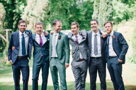 English Country Garden Wedding: http://www.stylemepretty.com/2014/08/14/english-country-garden-wedding/ | WOOKIE Photography - http://www.wookiephotography.com/ Mismatched Groomsmen, Groomsmen Colours, Gray Groomsmen Suits, Groomsmen Grey, Groomsmen Looks, Groomsmen Outfits, Country Garden Weddings, Wedding Etiquette, Wedding Groomsmen