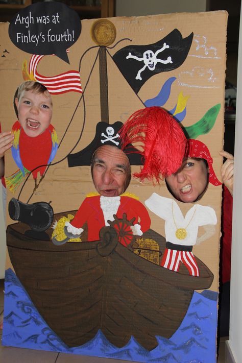 Peter Pan pirate party DIY photo booth- painted with my son's acrylic paints on to cardboard with signs cut using Zing Pirate Decorations Diy, Pirate Photo Booth, Diy Party Photo Booth, Pirate Party Decorations, Pirate Pictures, Pirate Photo, Pirate Themed Birthday, Pirate Decor, Anniversaire Diy