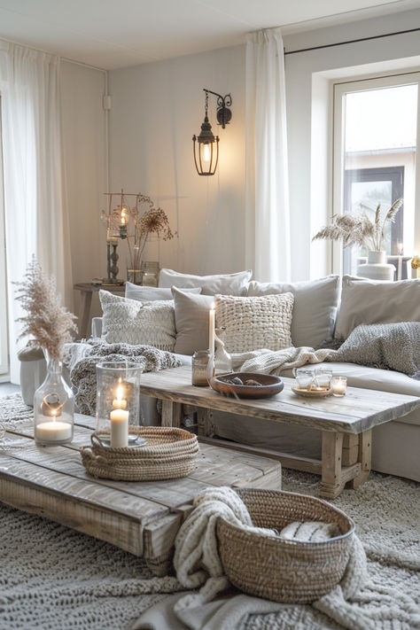 Create a warm and welcoming apartment living room with farmhouse chic style. Opt for distressed wood, shiplap walls, and comfy sofas. Use earthy colors and cozy throws to enhance the inviting atmosphere. Complete the look with charming farmhouse accents. #CozyFarmhouse #LivingRoomInspo #HomeStyle Cozy Beach Living Room, Farmhouse Lounge, Country Chic Living Room, Farmhouse Chic Living Room, Cottage Style Living Room, Cozy Apartment Living Room, Wood Shiplap, Holiday Decorating Ideas, Living Room Decor Lights