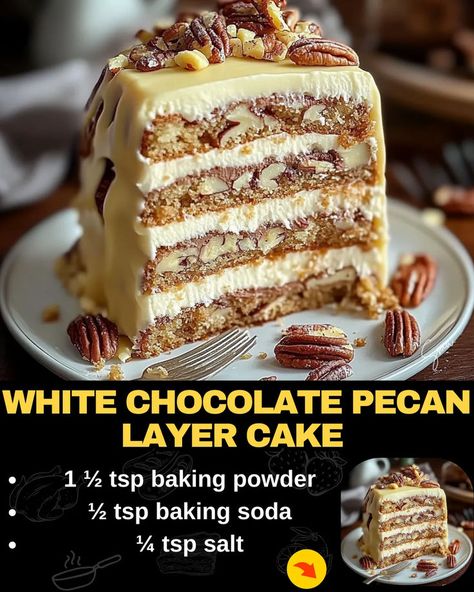 White Chocolate Pecan Layer Cake Pecan Layer Cake, Baked Meatloaf, Fluffy Layers, Chocolate Strawberry Cheesecake, Bundt Pan Recipes, Pumpkin Spice Bread, Mexican Casserole Recipe, Cakes Frosting, White Chocolate Ganache