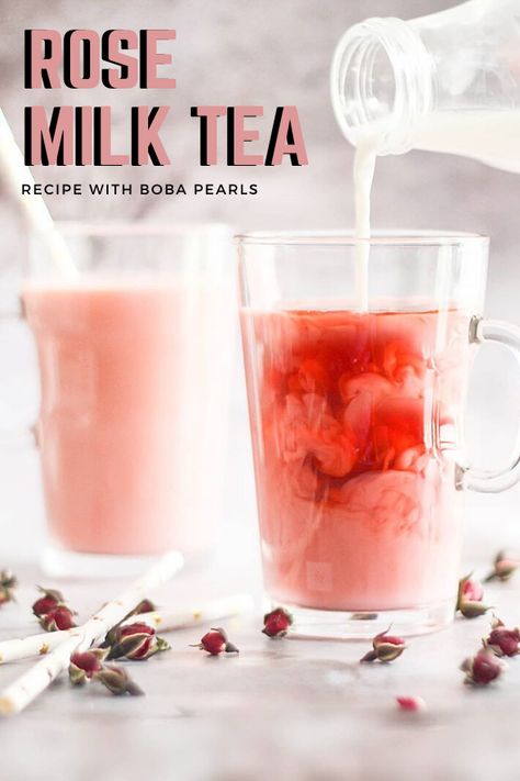 It gives it a great scent and powerful flavor.   https://talkboba.com/how-to-make-rose-milk-tea/ Milk Tea Without Boba, Rose Milk Tea Aesthetic, Rose Boba Tea, Butterfly Pea Milk Tea, Butterfly Pea Flower Milk Tea, Iced Tea Latte Recipe, Rose Milk Tea, Pumpkin Chai Tea, Black Tea Recipe