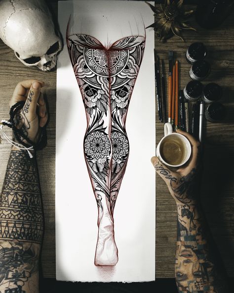 Thigh Sleeve Tattoo, Tato Mandala, Back Of Leg Tattoos, Tato Tradisional, 42 Tattoo, Backpiece Tattoo, Catrina Tattoo, Full Leg Tattoos, Neotraditional Tattoo