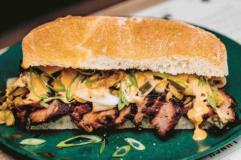 Kimchi Bulgogi Sandwiches Recipe | Leite's Culinaria Bulgogi Sandwich Recipe, Bulgogi Sandwich, Phoenicia Diner, Ciabatta Rolls, Ginger Pear, Beef Sandwich Recipes, Beef Skewers, Fermented Cabbage, Pantry Ingredients