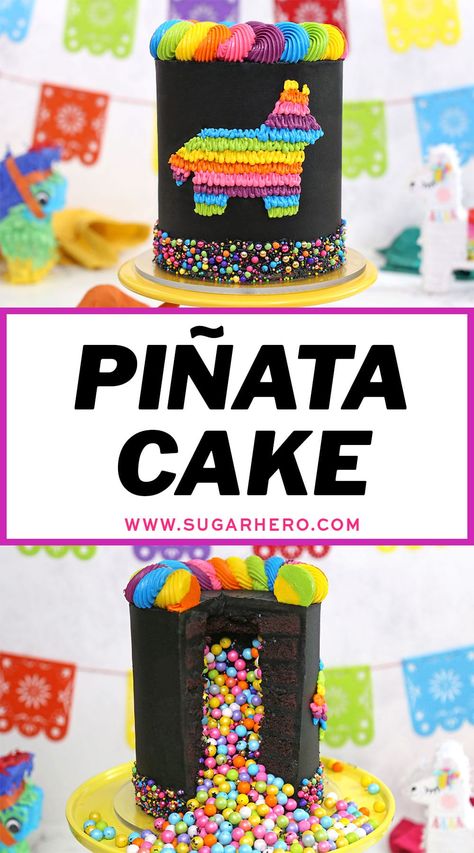 This Pinata Cake recipe is the ultimate party cake! Learn how to make a chocolate pinata cake, filled with candy inside and decorated with a cute buttercream pinata design. #sugarhero #pinatacake #diypinatacake #pinatacakerecipe #chocolatecake Fiesta Cake Ideas, Cake Filled With Candy, Chocolate Pinata Cake, Piniata Cake, 18th Cake Ideas, Pinata Cake Recipe, Make Pinata, Dragons Love Tacos Party, Make A Pinata