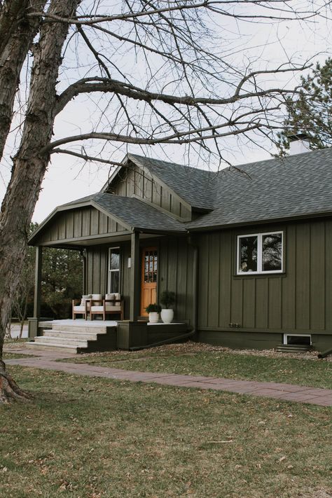 Nadine Stay, Green Exterior Paints, Green Exterior House Colors, Cedar Shingle Siding, Green House Exterior, Board And Batten Exterior, Flagstone Path, Mulch Landscaping, Cabin Exterior